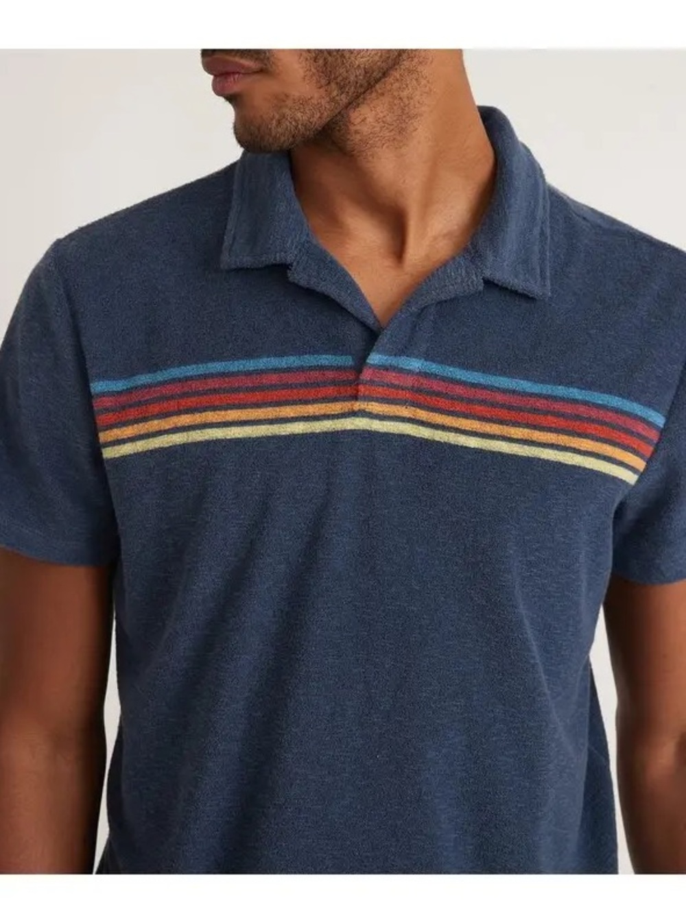 Marine Layer Stripe Terry Cloth Polo shirt medium navy